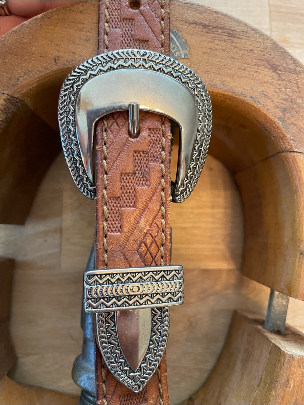 Women's Brown Tooled Leather Belt with Silver Western Buckle